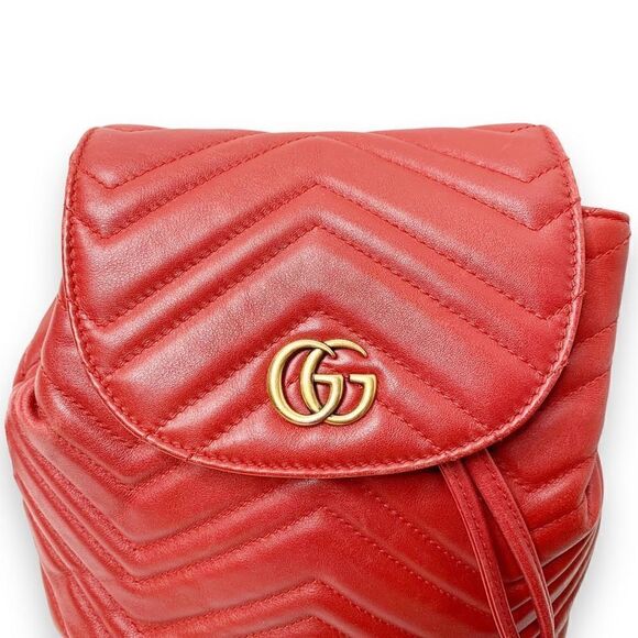 Gucci Marmont Metallasse Quilted Chevron Leather Drawstring Backpack Mini GG Red - Picture 4 of 16